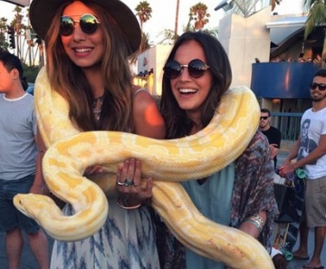 Bruna Marquezine e Stéphannie Oliveira posam com cobra em Los Angeles