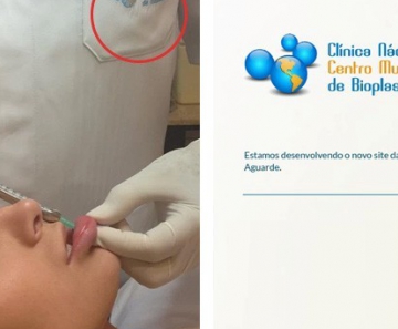 Andressa Urach faz aplicação na Clínica Nacul; à direita, símbolo da clínica