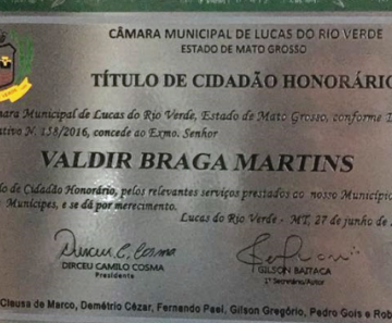 O investigador da Polícia Judiciária Civil, Valdir Braga Martins, foi homenageado com o “Título de Cidadão Honorário”