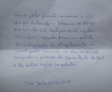 Carta assinada por cacique avisa sobre bloqueio — Foto: Divulgação