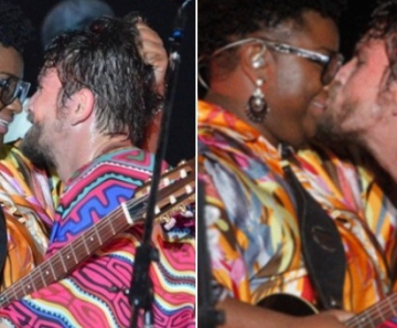 Durante a apresentação no Festival de Verão de Salvador, Saulo Fernandes tascou um beijo na amiga Ellen Oleária
