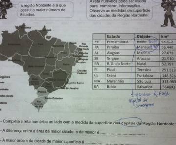 Na apostila, Belém é a capital de Pernambuco e Manaus, capital da Paraíba
