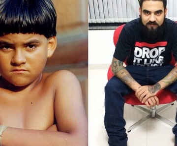 Pedro Oliveira como o índio Rafael, o 'Uerê', e atualmente, aos 27 anos 