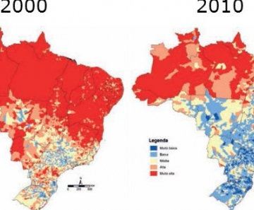 Mapas divulgados pelo Ipea mostram Índice de Vulnerabilidade Social (IVS) por município, em 2000 e em 2010. O vermelho mostra vulnerabilidade 'alta' ou 'muito alta'; o azul indica 'baixa' ou 'muito baixa' 