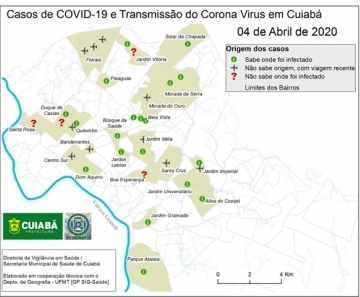 Mapa mostra regiões onde têm casos de coronavírus em Cuiabá — Foto: Reprodução